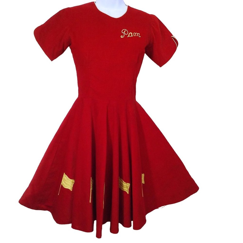Vintage 50s-60s Corduroy Swing Dress Full-Circle Zip XS(2/4) Varsity Flags 'PAM'